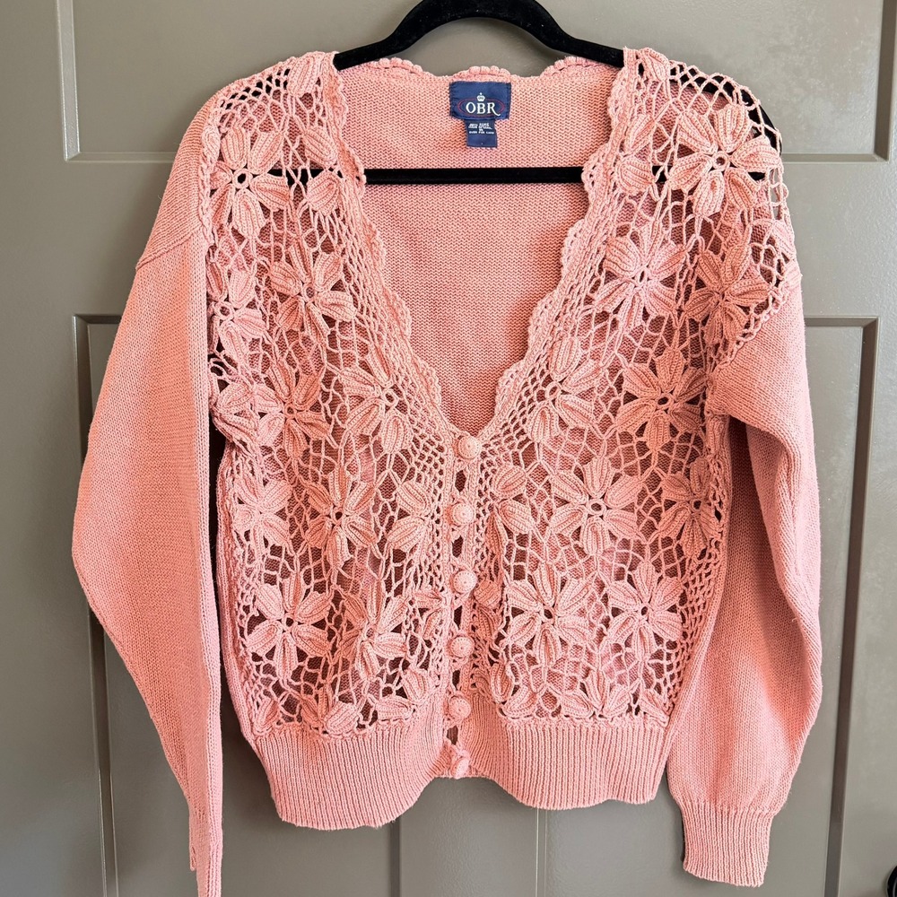 OBR Pink Crochet Floral Cardigan Sweater Womens Medium Ramie Cotton Knit V-Neck